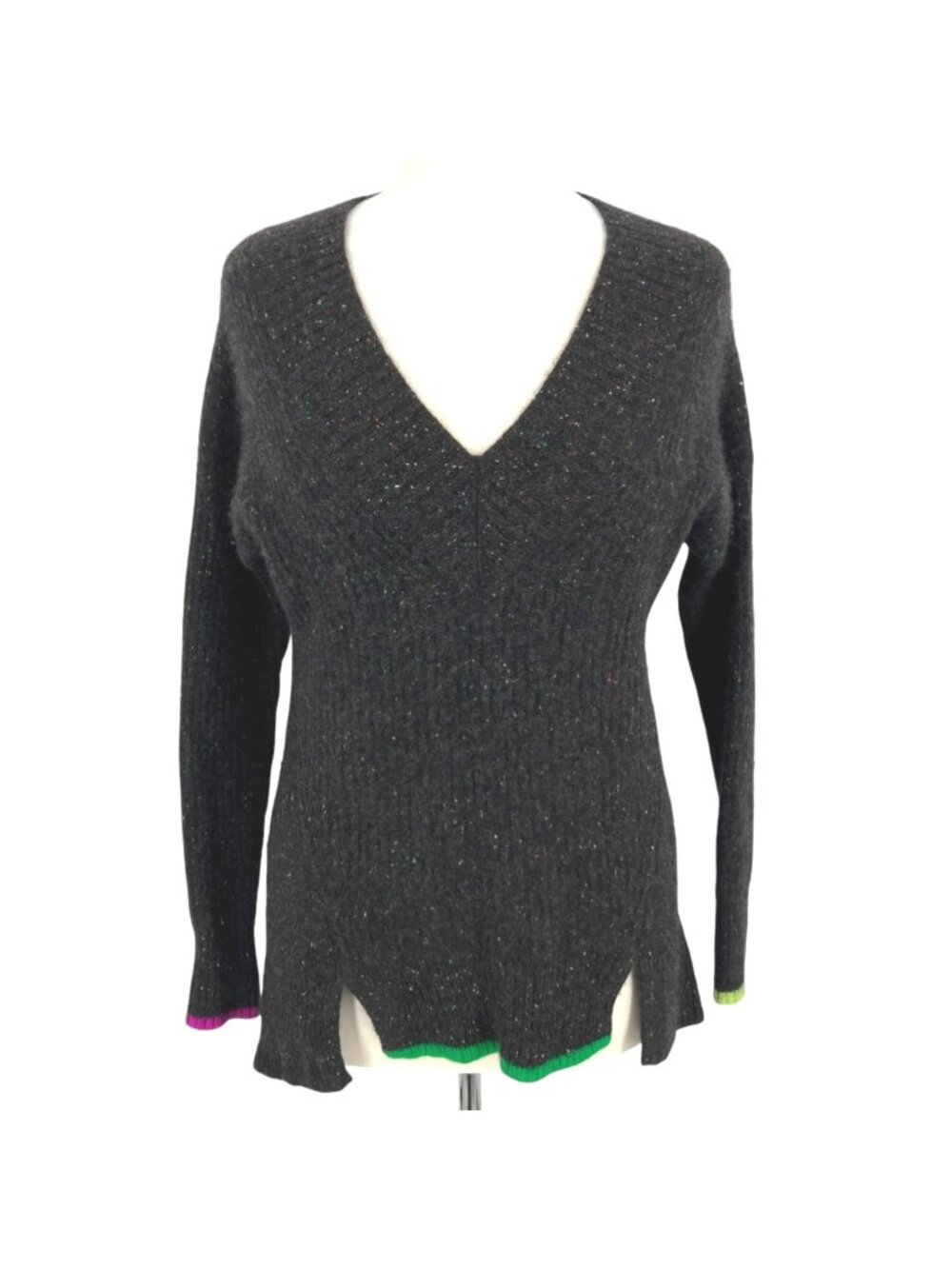 White + Warren Cashmere Speckled V-Neck Sweater Black Contrast Trim Size Small